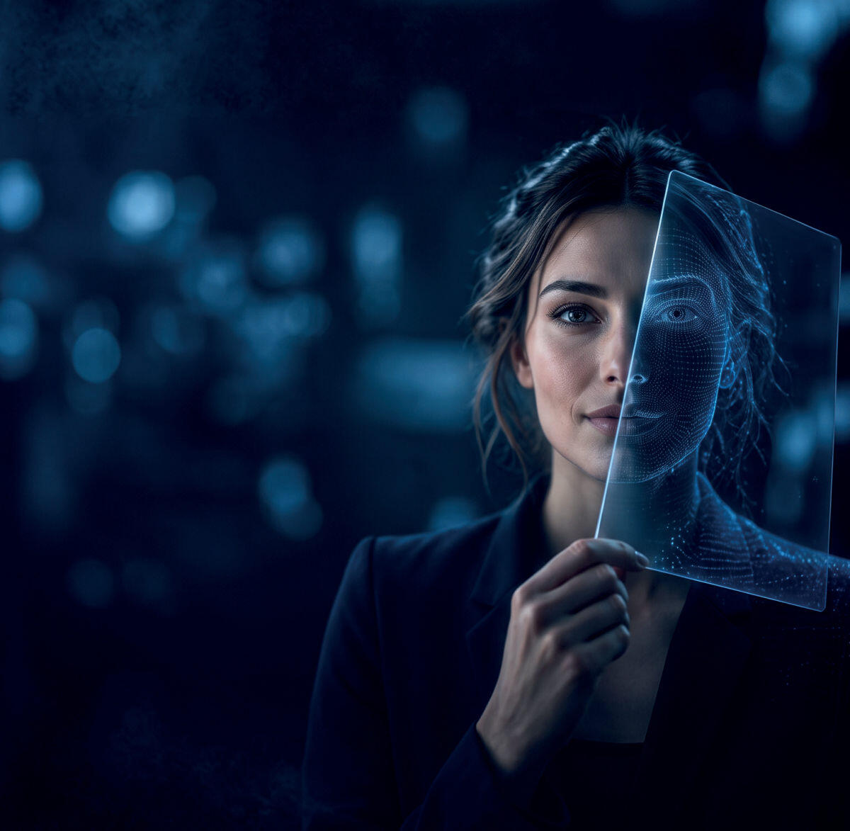 Profesional sosteniendo una lámina transparente que refleja su rostro en malla digital